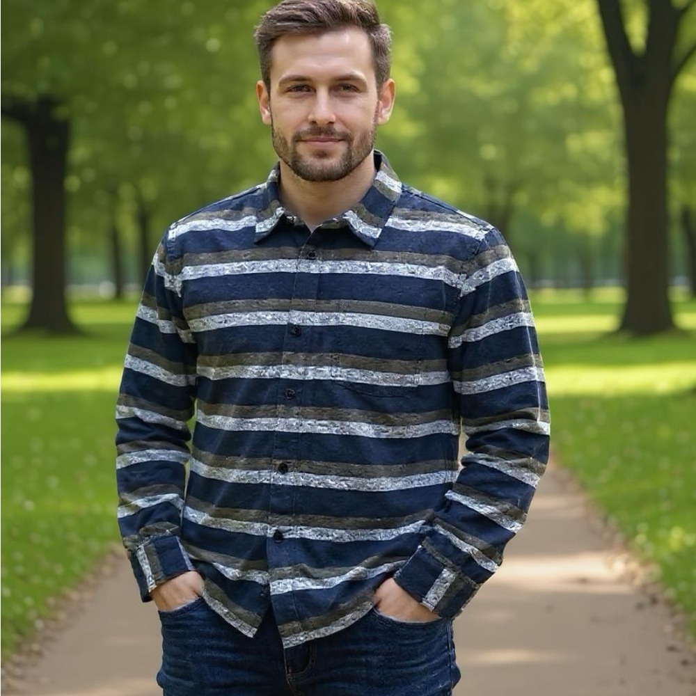 Men’s Striped Hooded Button-Up Shirt Navy Green Gray Long Sleeve 100% Cotton NWT